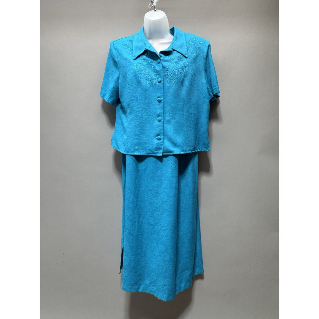 Karin Stevens Teal Maxi Dress Set Womens 14 Regular Vtg Padded Shoulders