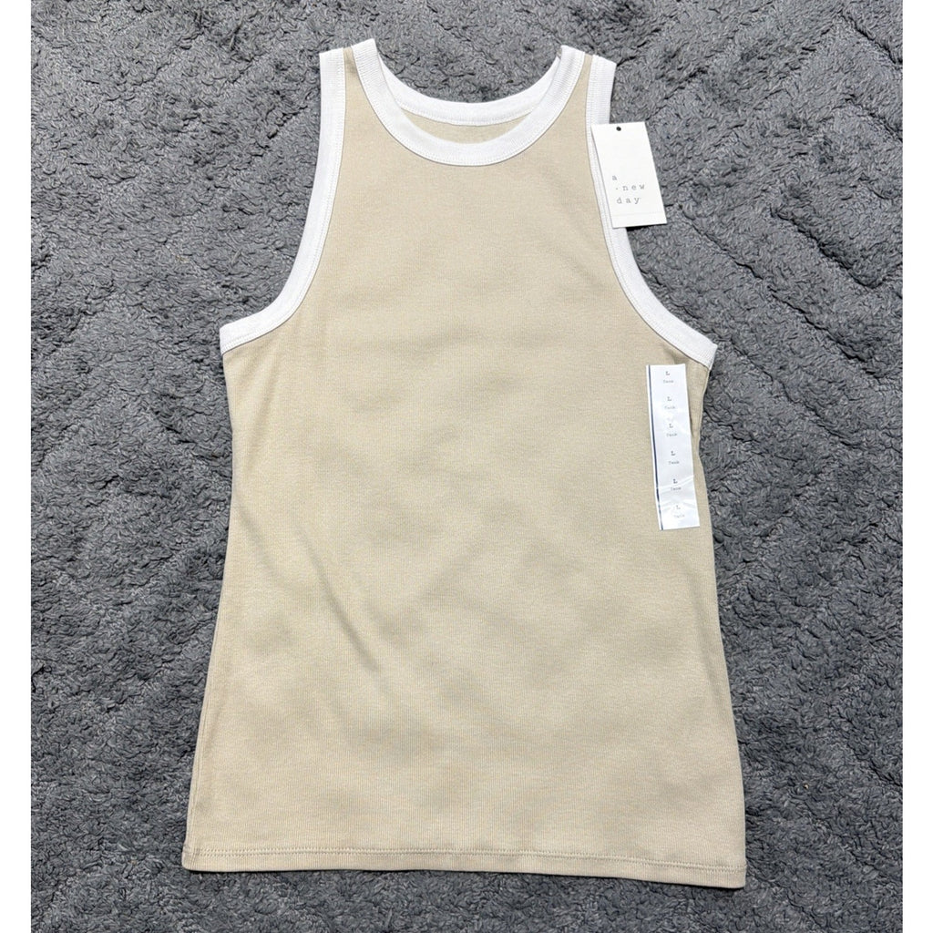 A New Day Ribbed Tank Top Women’s Large Beige Cream High Neck NWT Stretch Basic