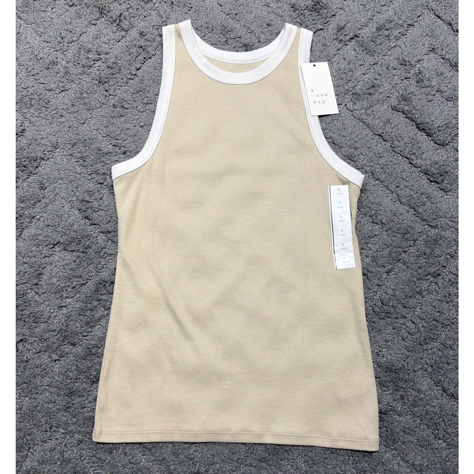 A New Day Ribbed Tank Top Women’s Large Beige Cream High Neck NWT Stretch Basic