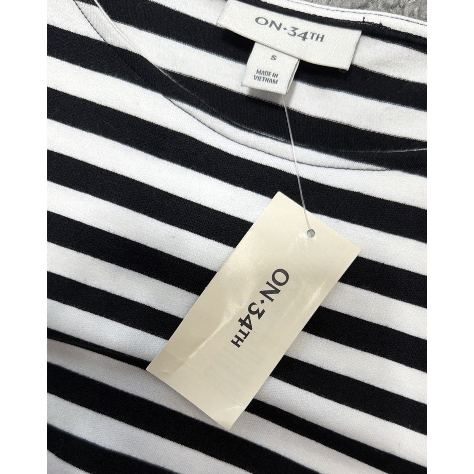 On 34th WM Black White Stripe Short Sleeve Tie Waist Midi Dress Small New