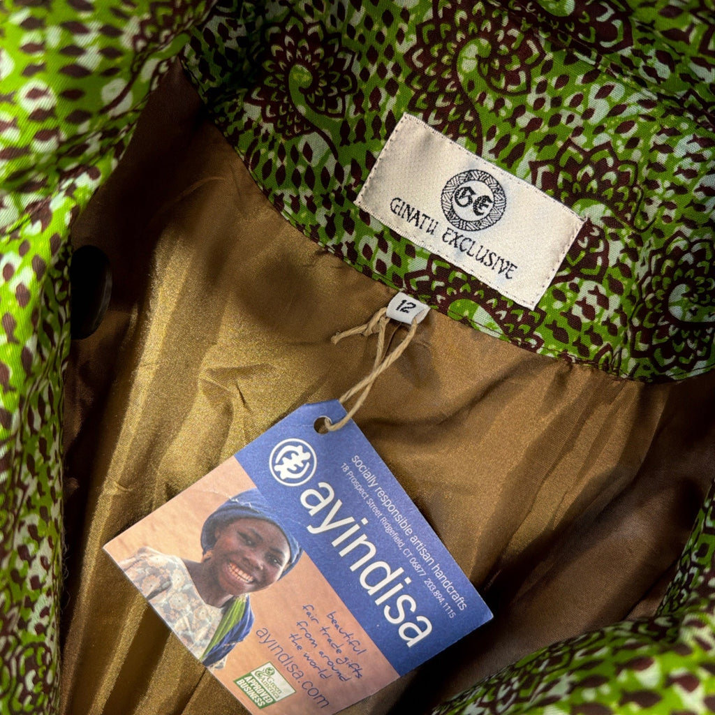 Ayindisa Ginatu Exclusive Women’s Trench Coat Jacket Size 12 Green African Print