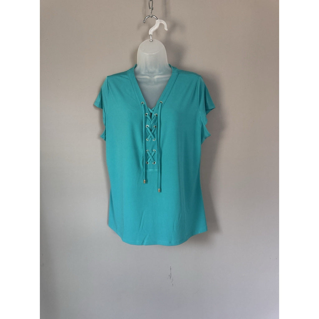 INC International Concepts 1X Plus Teal Lace Up V Neck Knit Top NWT $54.50
