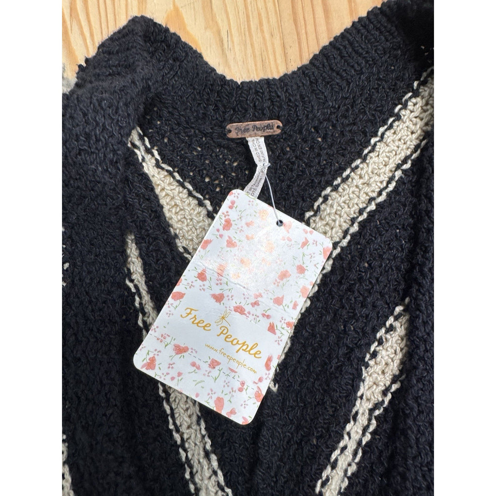 Free People Black Beige Chevron Striped Chunky Circle Cardigan Sweater Size Med