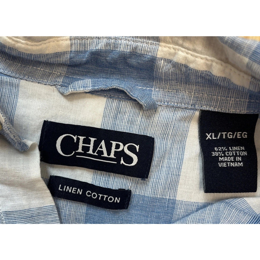 Chaps Shirt Mens Size XL LINEN Button Front Blue White Buffalo Plaid Casual