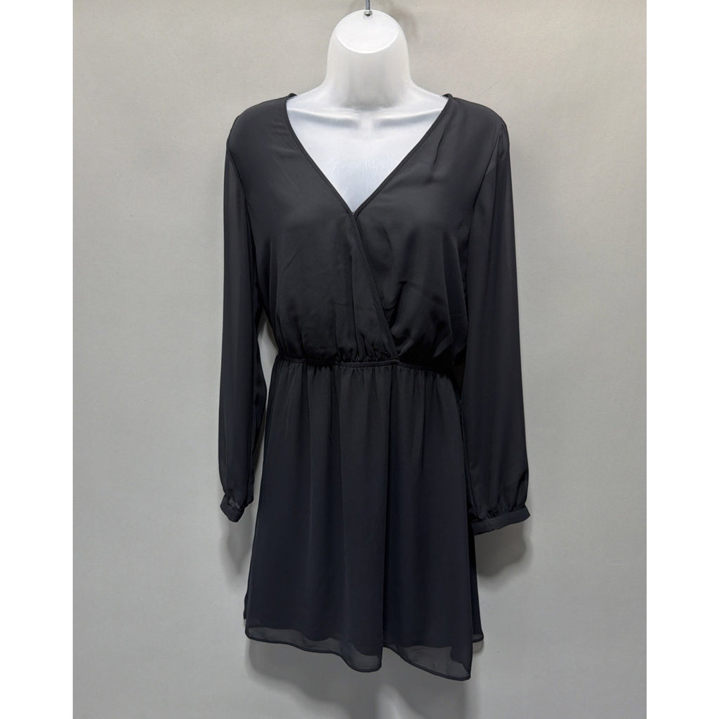 Express Black Sheer Chiffon Long Sleeve Surplice Mini Dress Lined size Small
