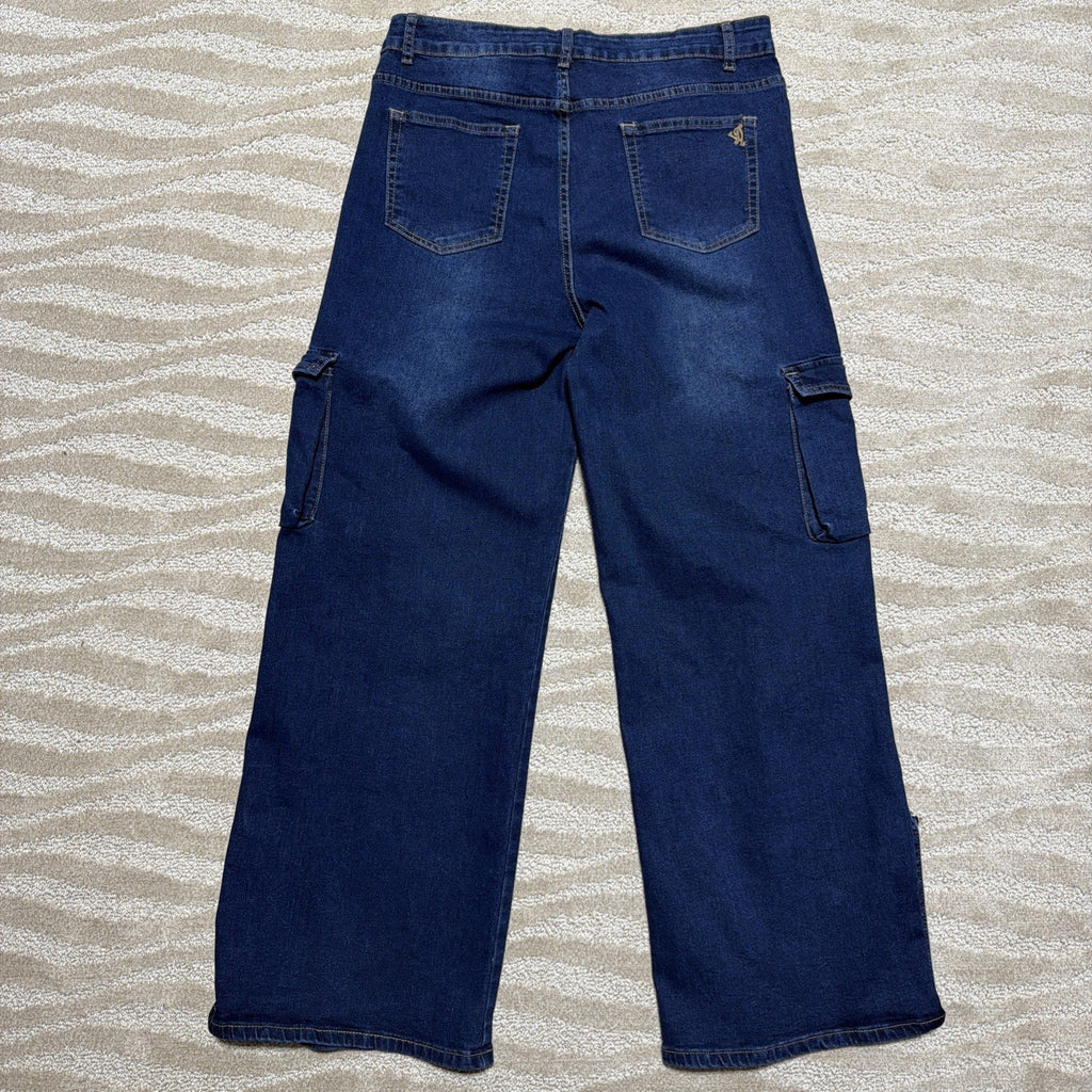 Y2K VIP Baggy Cargo Jeans Wide Leg Baggy Blue Denim 13/31 Strap Utility
