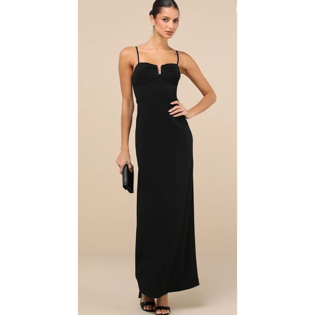 Lulus Romantic Existence Black Column Maxi Dress Size XS New