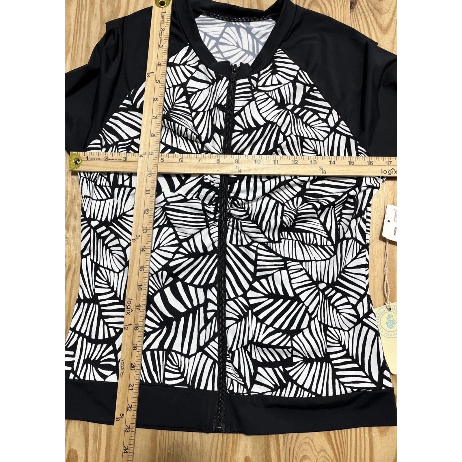 NWT Caribbean Joe Swimsuit Rash Guard Long Sleeve Top Sz 10 Black Zipper