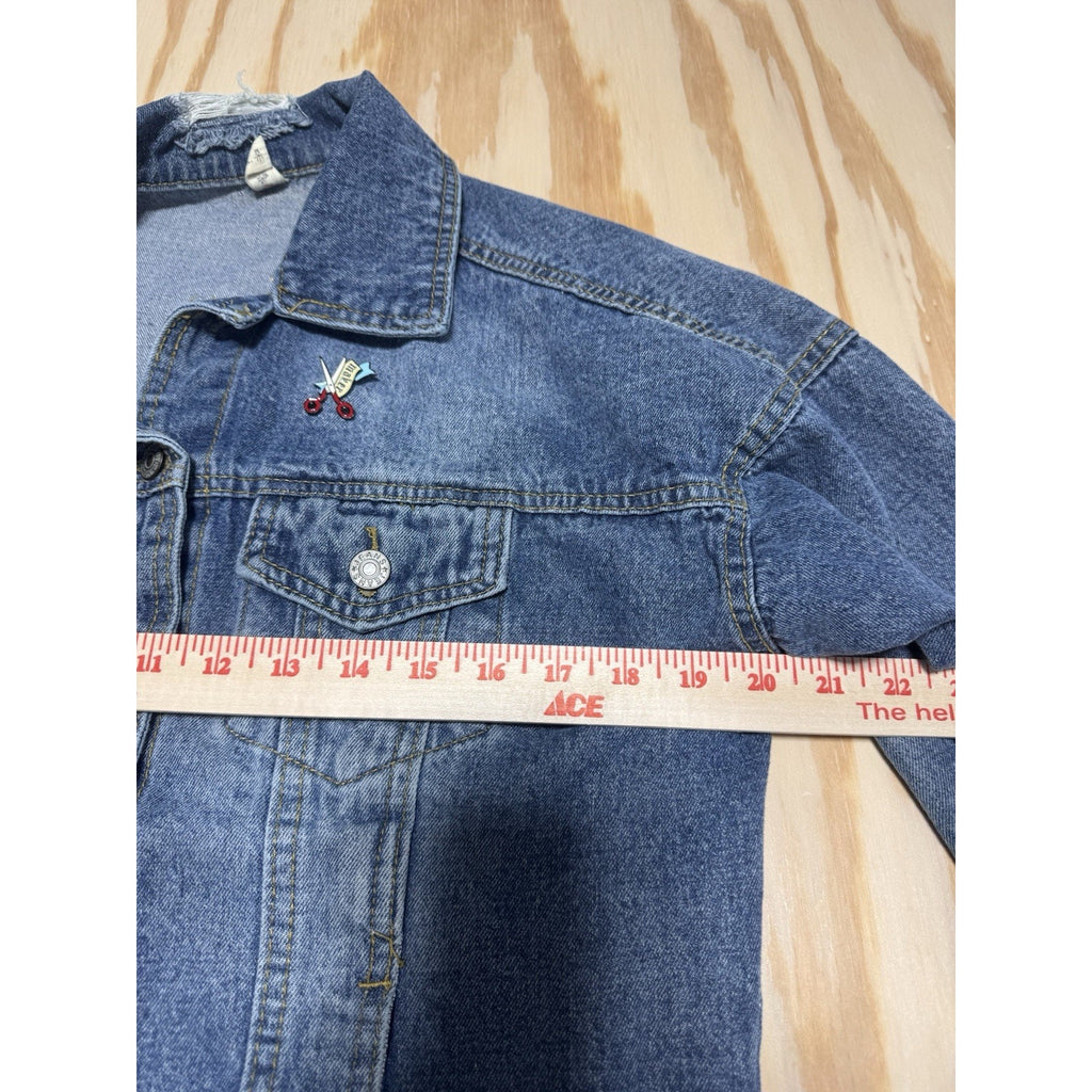 Crane Embroidered Blue Button-up Denim Jacket Destressed Detailing Women’s L