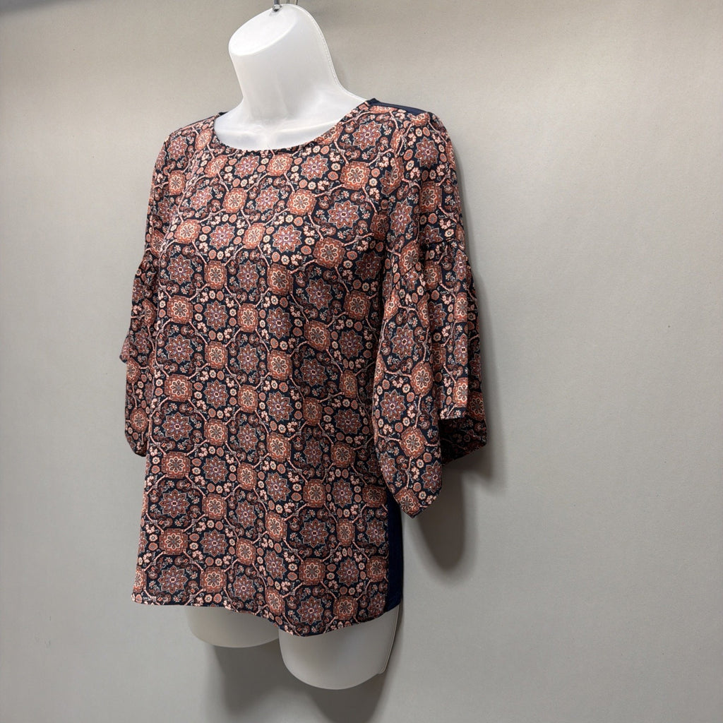 Loft Blouse Top Size XXS Pet Womans Navy Blue Brown Floral Print 3/4 Bell Sleeve