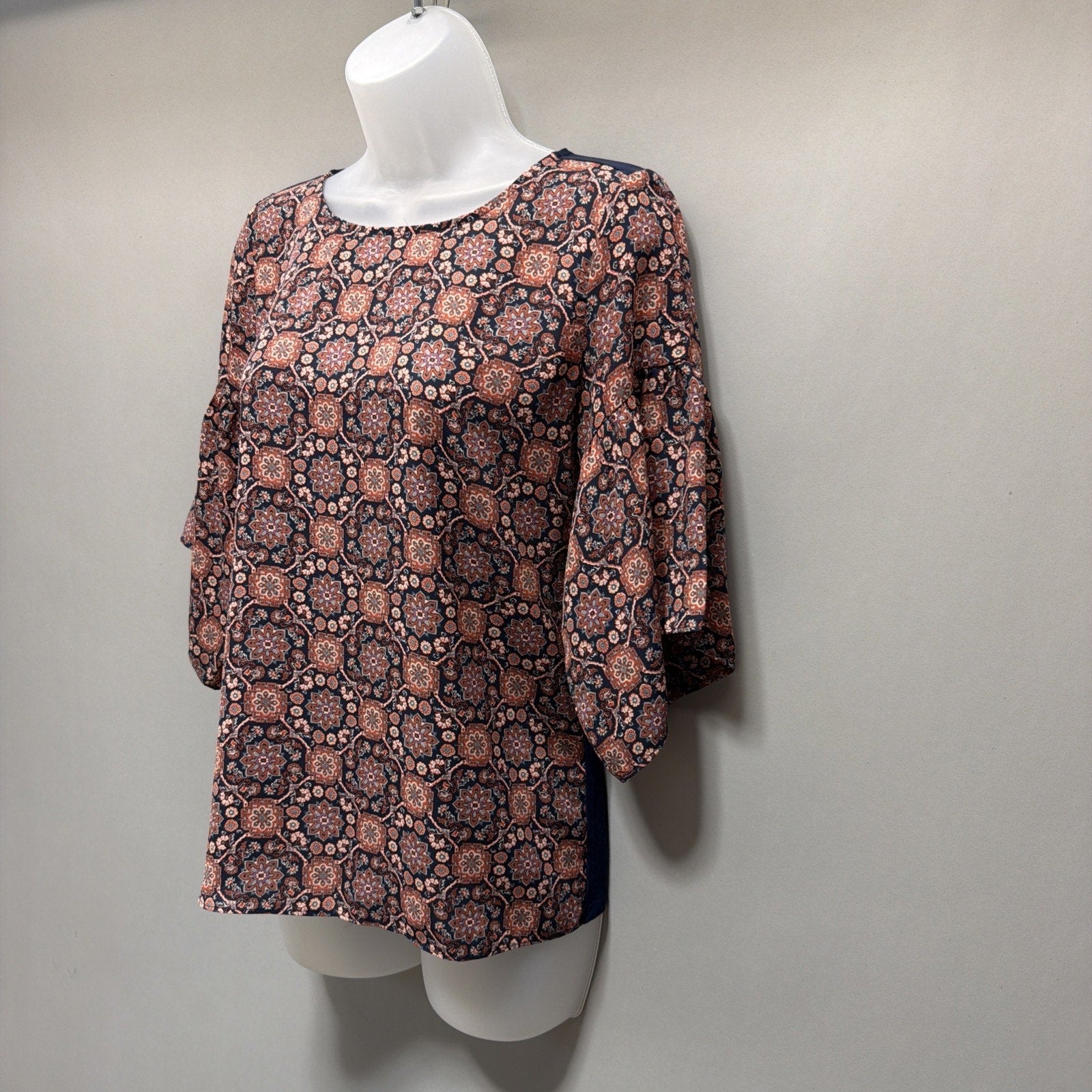 Loft Blouse Top Size XXS Pet Womans Navy Blue Brown Floral Print 3/4 Bell Sleeve