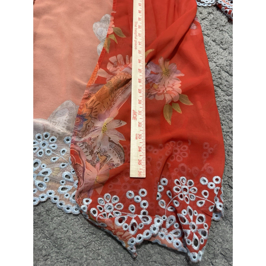 NWT Cato Floral Paisley Kimono Cardigan Cover Up Lace Trim Coral Orange Boho L