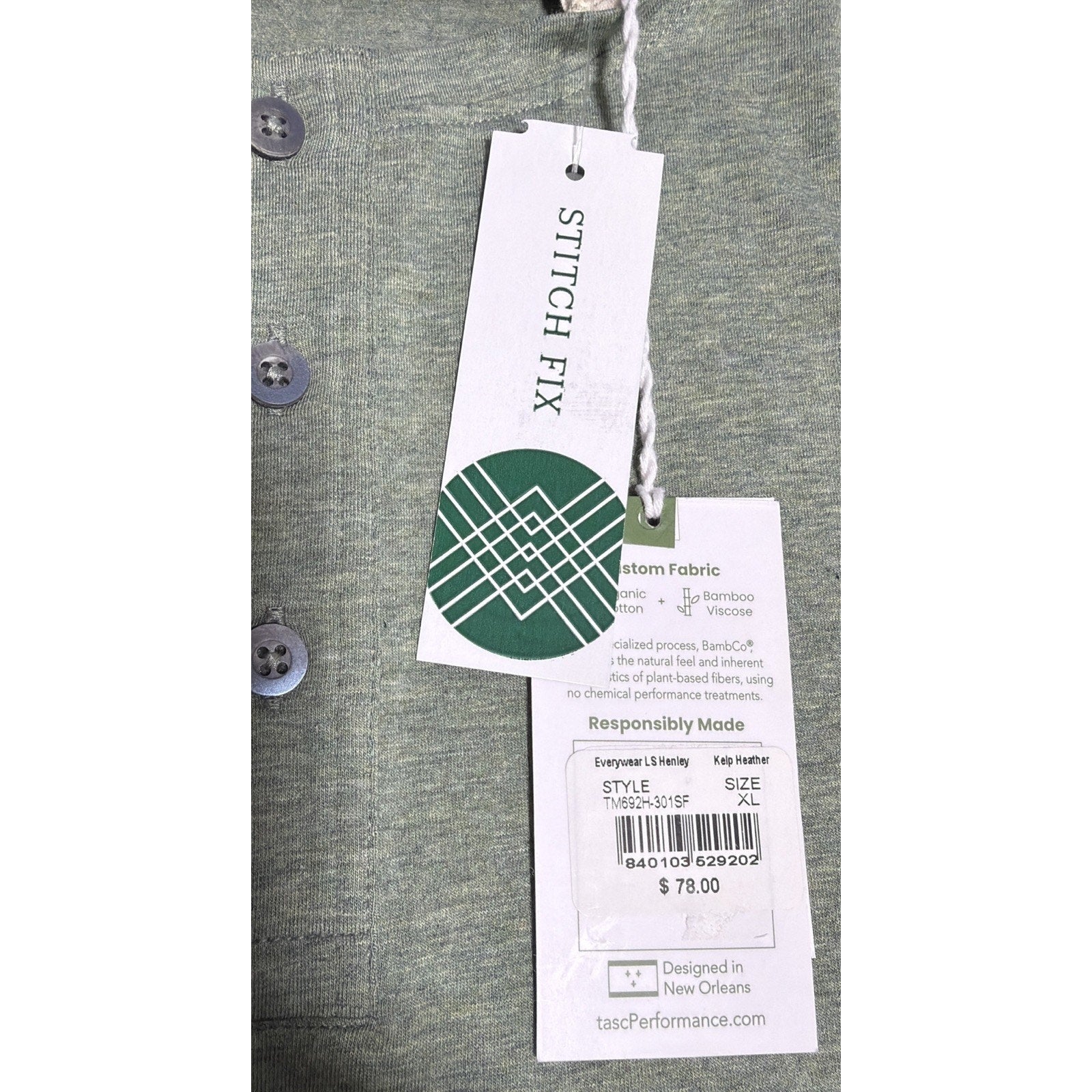 Tasc Performance Everywear LS Henley Perfect Green Heather Men Size XL New