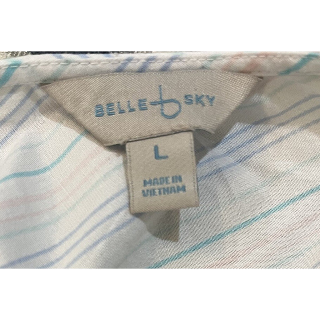 Belle & Sky White Sleeveless Striped Bow Shoulder Top Blouse Women's Size Large