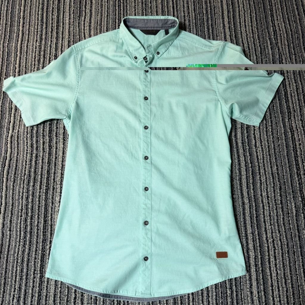 Outpost Makers Mens L Mint Green Short Sleeve Button Down Shirt Buckle Casual