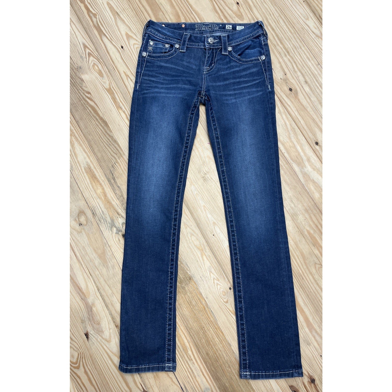 Miss Me Jeans Womens 26 Thick Stitch Stretch Mid Rise Straight Med Wash