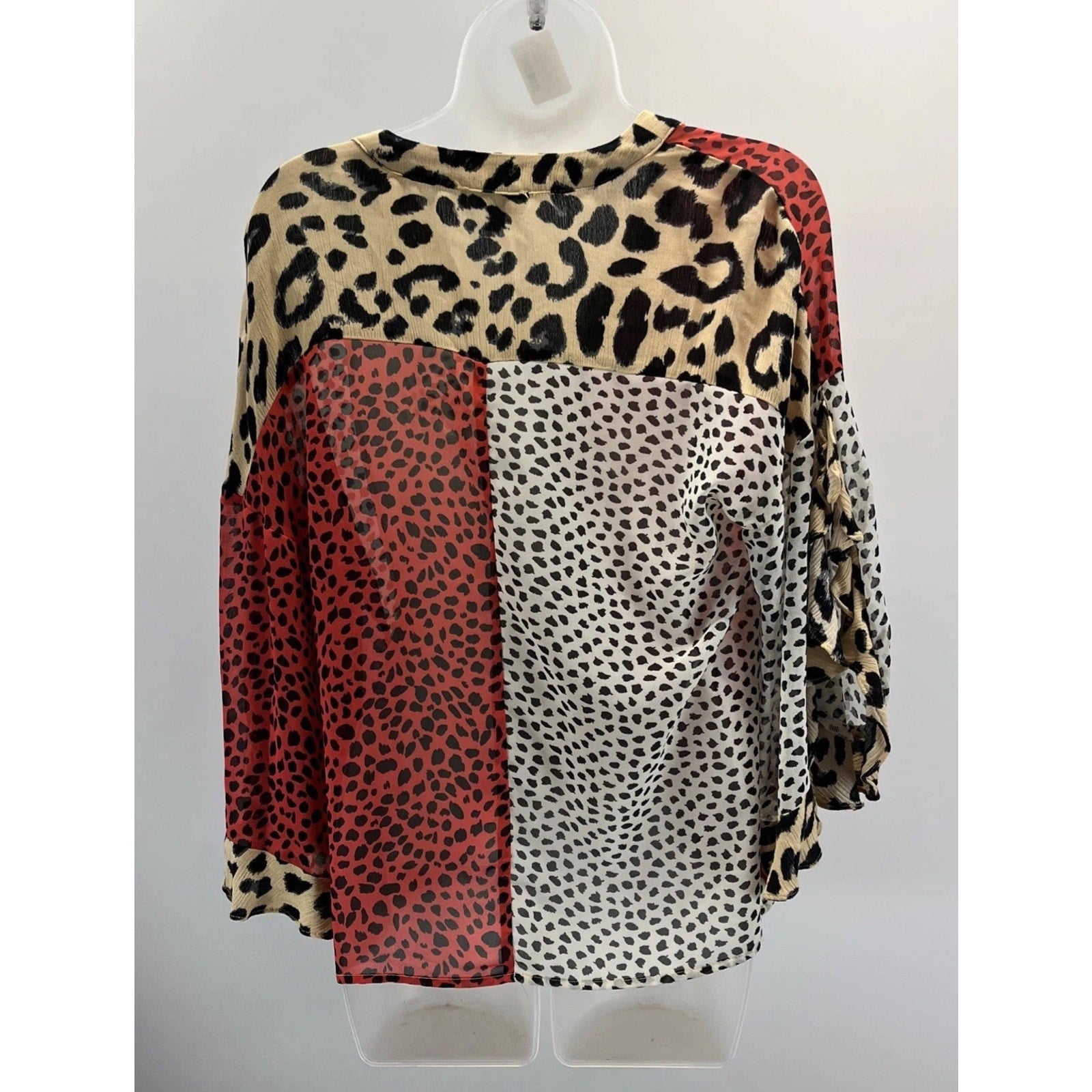 Umgee Oversized Mixed Animal Print Ruffle Split Sleeve Wrap Sheer Surplice Top S