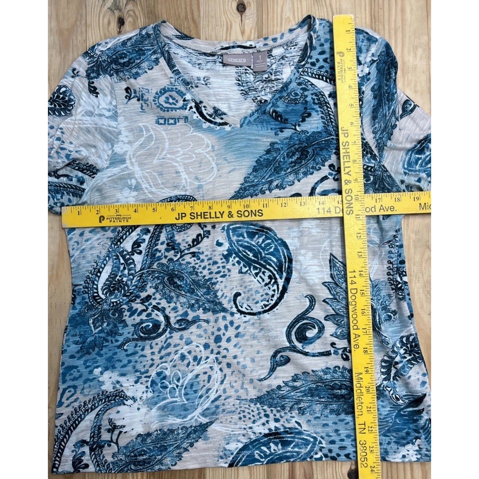 Chicos Shirt Womens 1 M Blue Ombre Paisley Cotton Long Sleeve