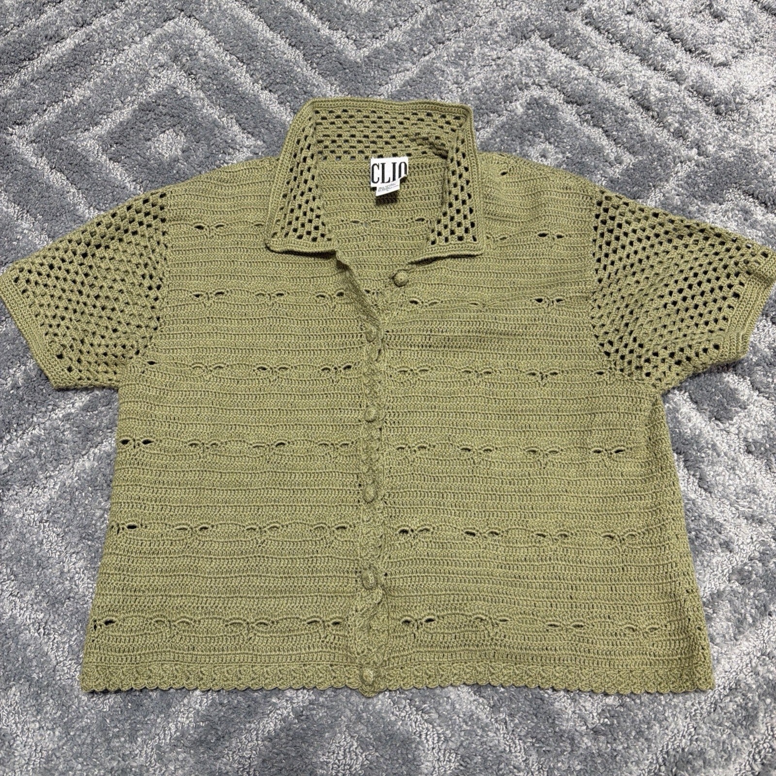 Vtg 90s Clio Green Ramie Cotton Crochet Button Cardigan Sweater Short Sleeve L