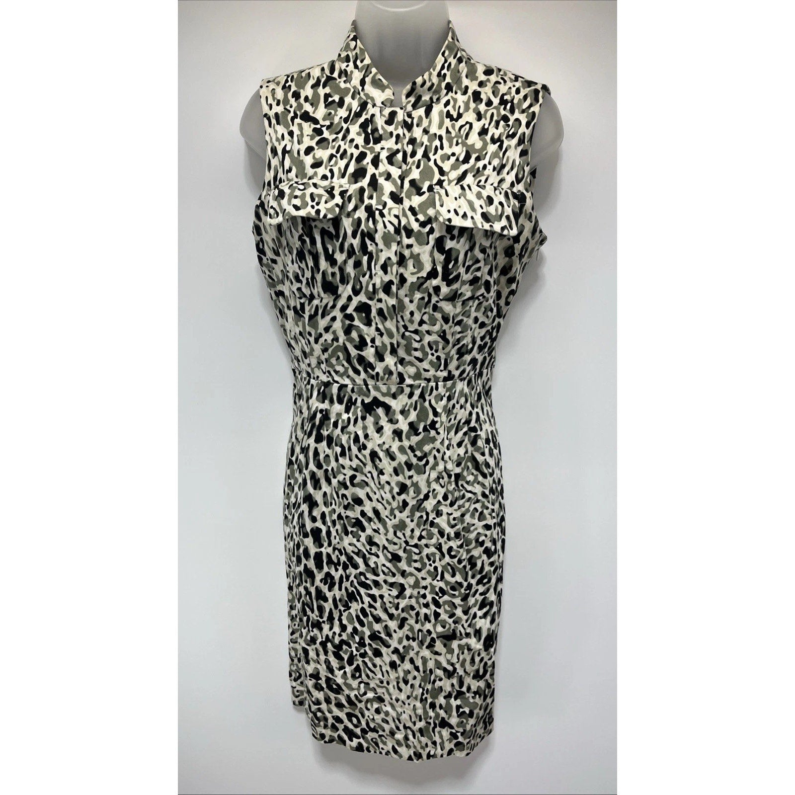Calvin Klein Womens Sleeveless Animal Print Dress Pocket 1/2 Button Front Sz 10