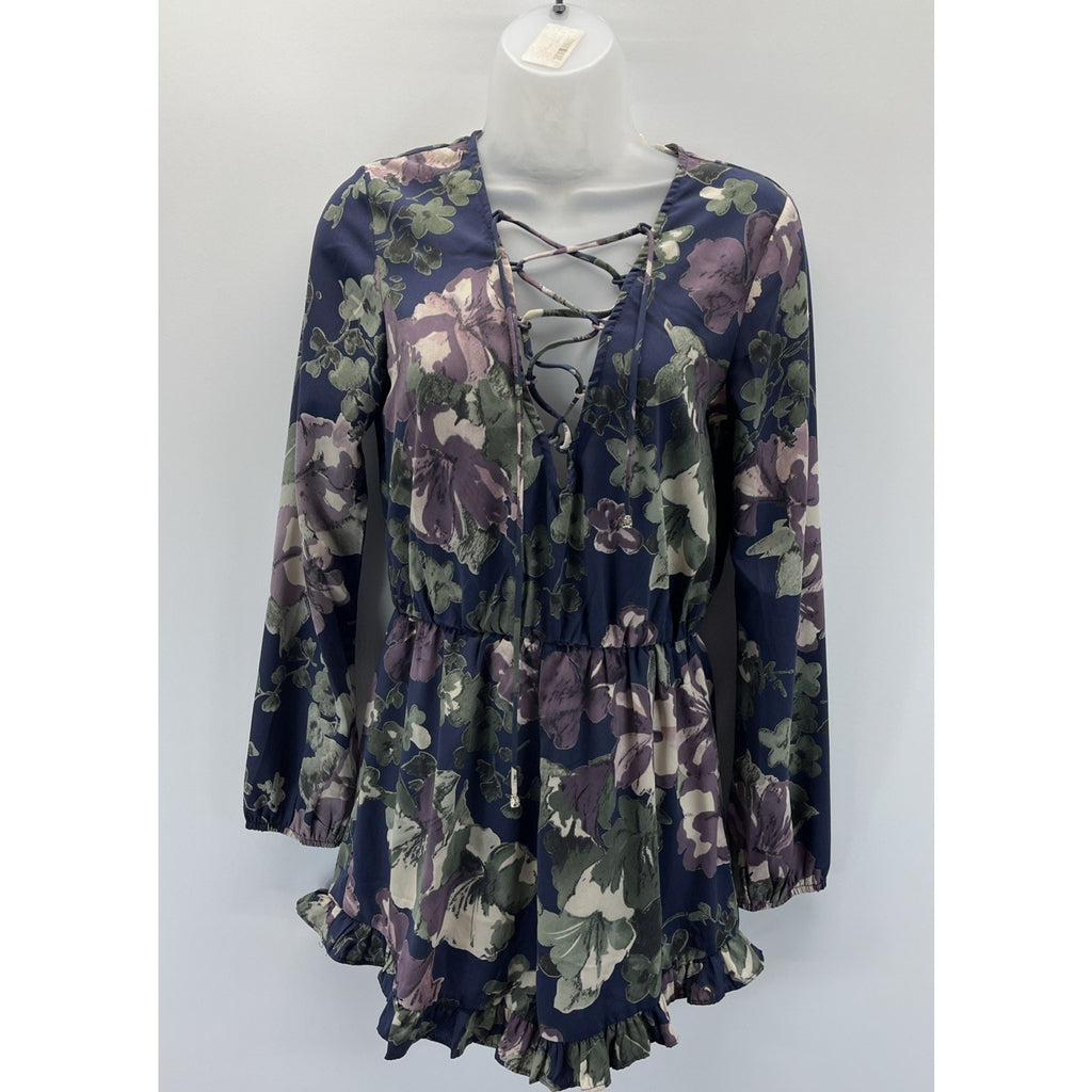 Illa Illa Women Bohemian Romper Long Sleeve Bell Sleeve Brown Floral Leaves SzS