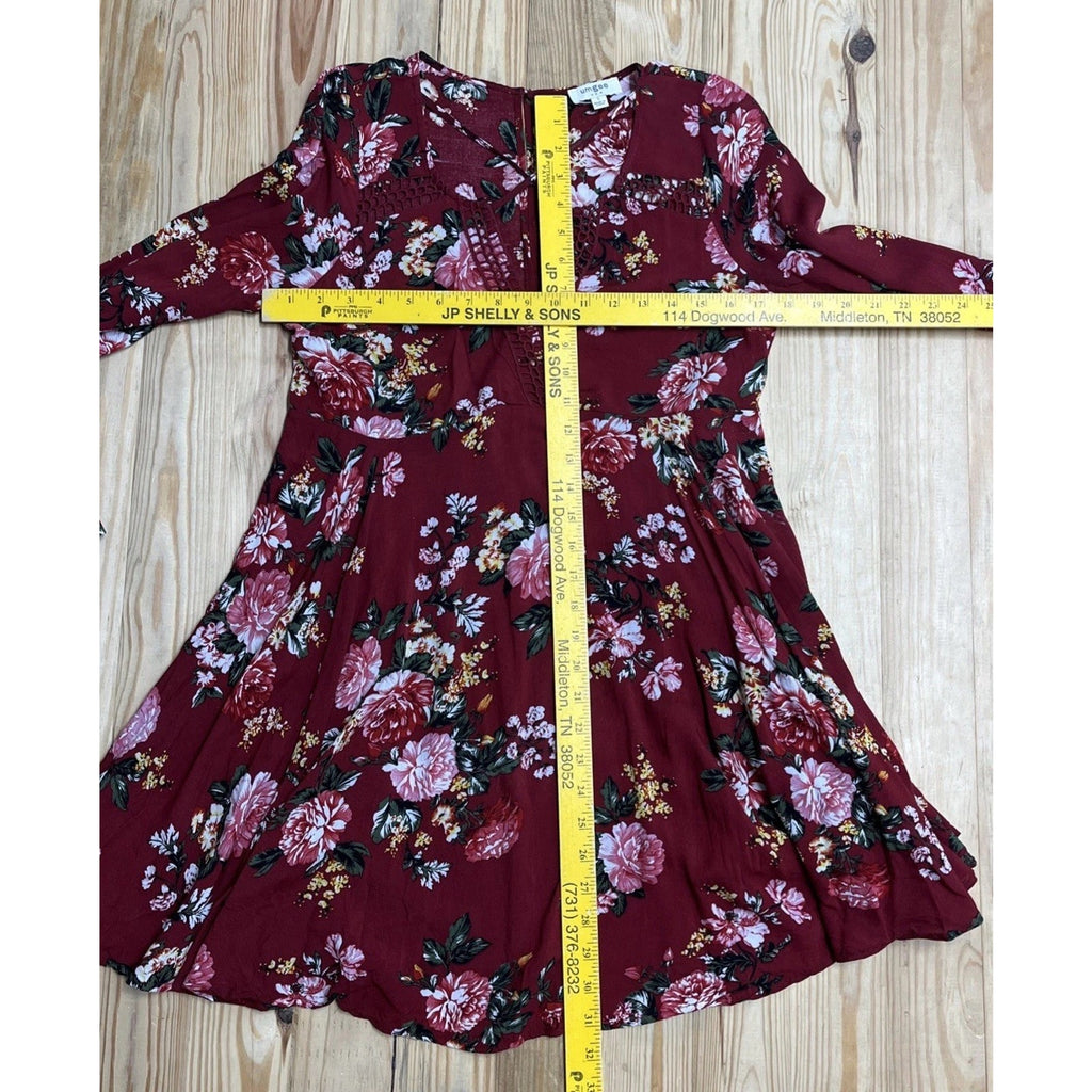Umgee Wine ruffled embroidered Boho keyhole Swing dress Size Small
