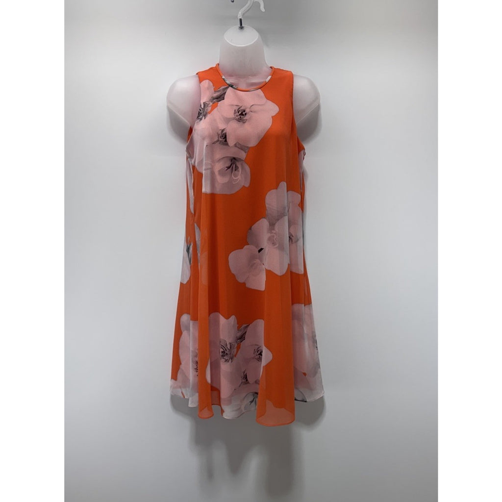 Calvin Klein Orange Coral White & Black Floral Dress Lined Flowy Women’s Size 2