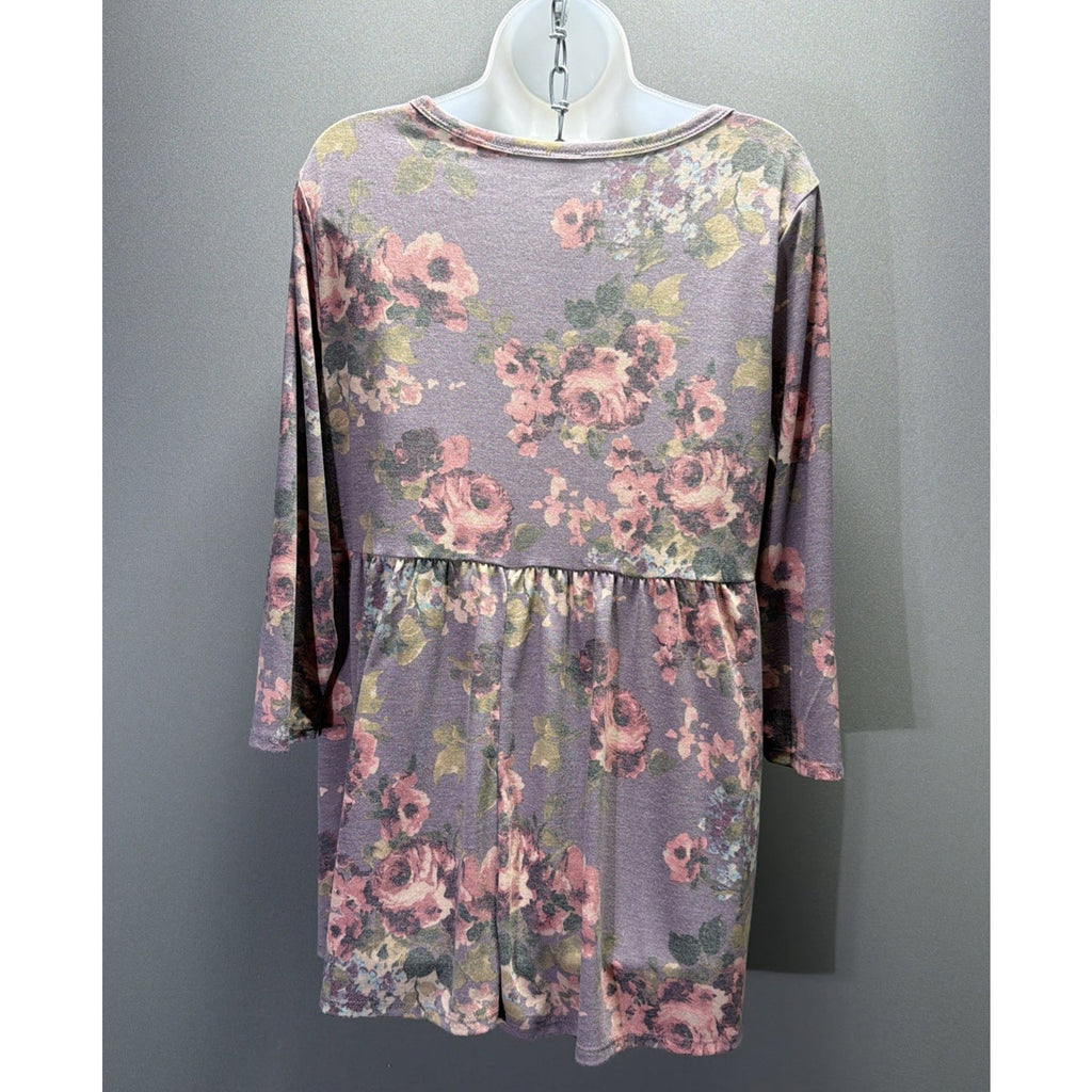 Honeyme Large Floral Tunic Top 3/4 Sleeve Babydoll Blouse Stretch NWT