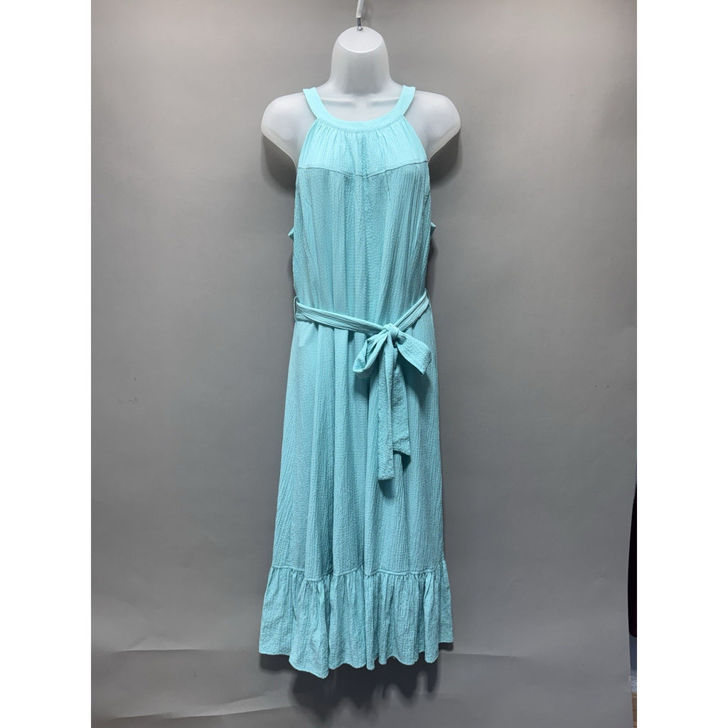 Calvin Klein Dress Size 10 Aqua Blue Sleeveless Tie Waist Midi Maxi Textured