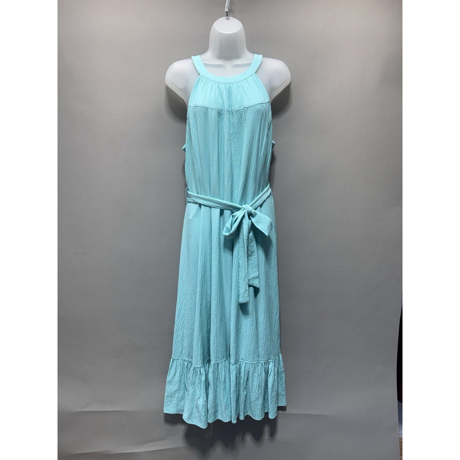 Calvin Klein Dress Size 10 Aqua Blue Sleeveless Tie Waist Midi Maxi Textured