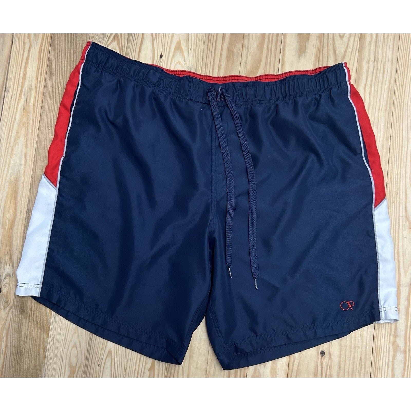 Vintage OP Ocean Pacific swim trunks board shorts size 3XL 48-50Blue Red w/Liner