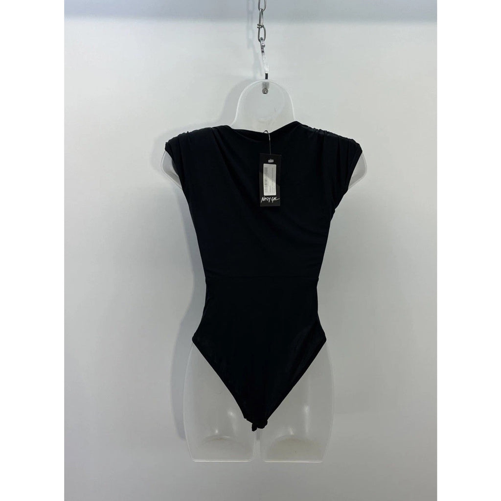 NWT Nasty Gal Shoulder Pad Slinky Plunge Bodysuit Black Size 0