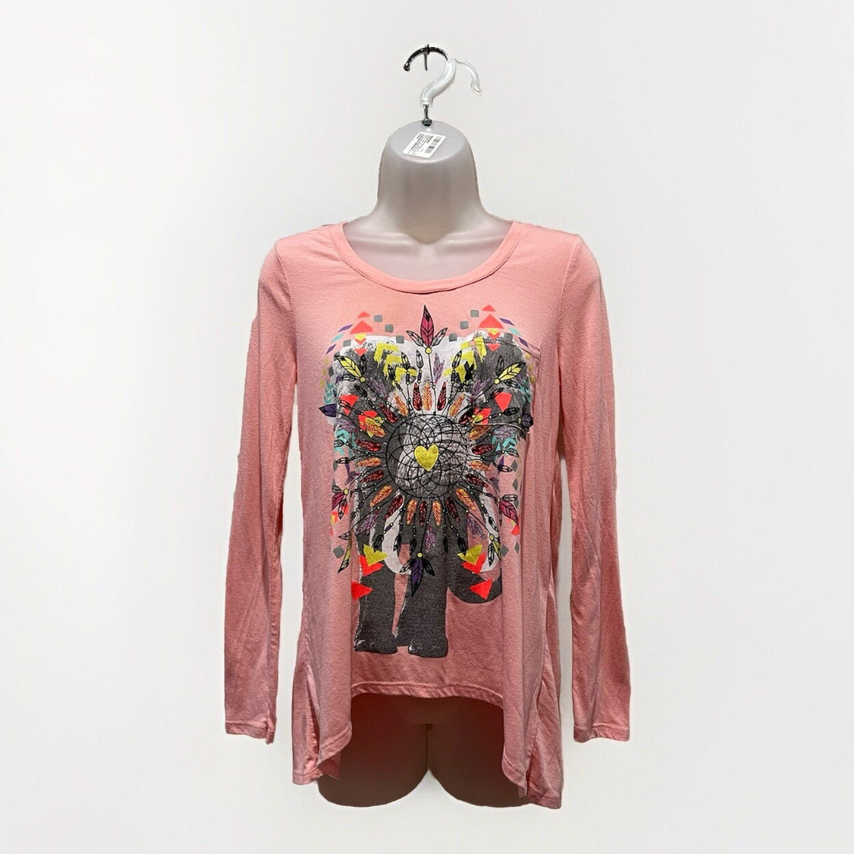 Belle Du Jour Pink Elephant Dreamcatcher Graphic Top Long Sleeve Split Back Boho