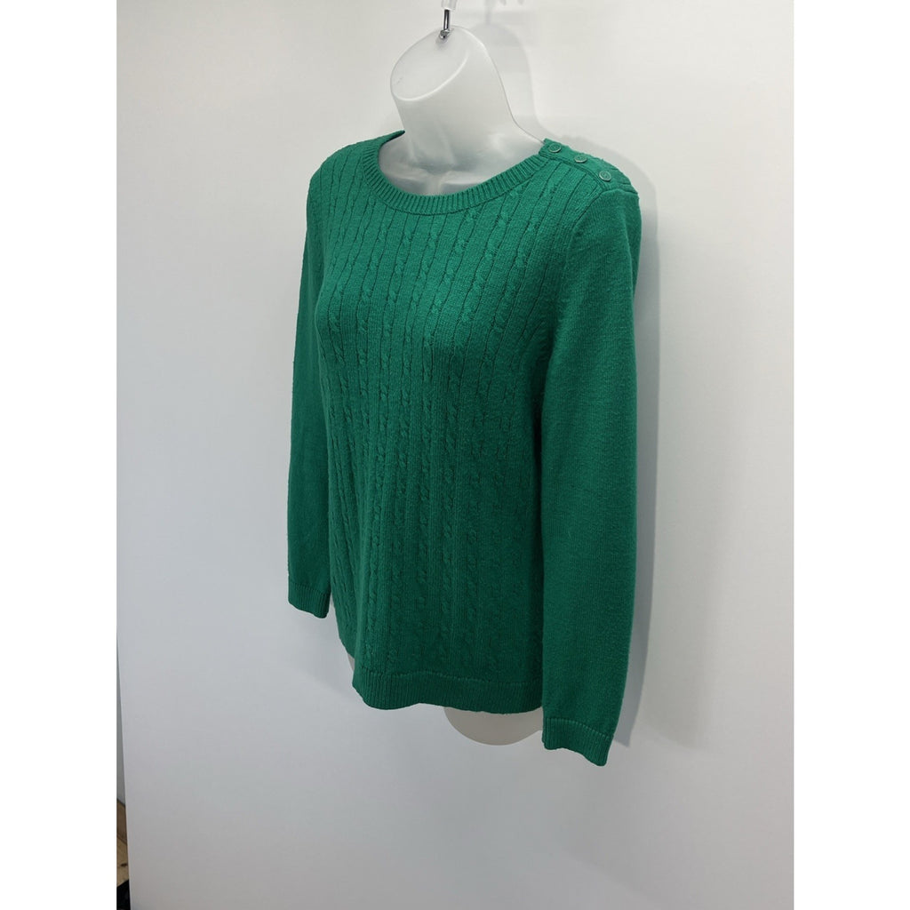 Talbots Petites Sz MP Green Long Sleeve Pullover Round Neck Cable Knit Sweater
