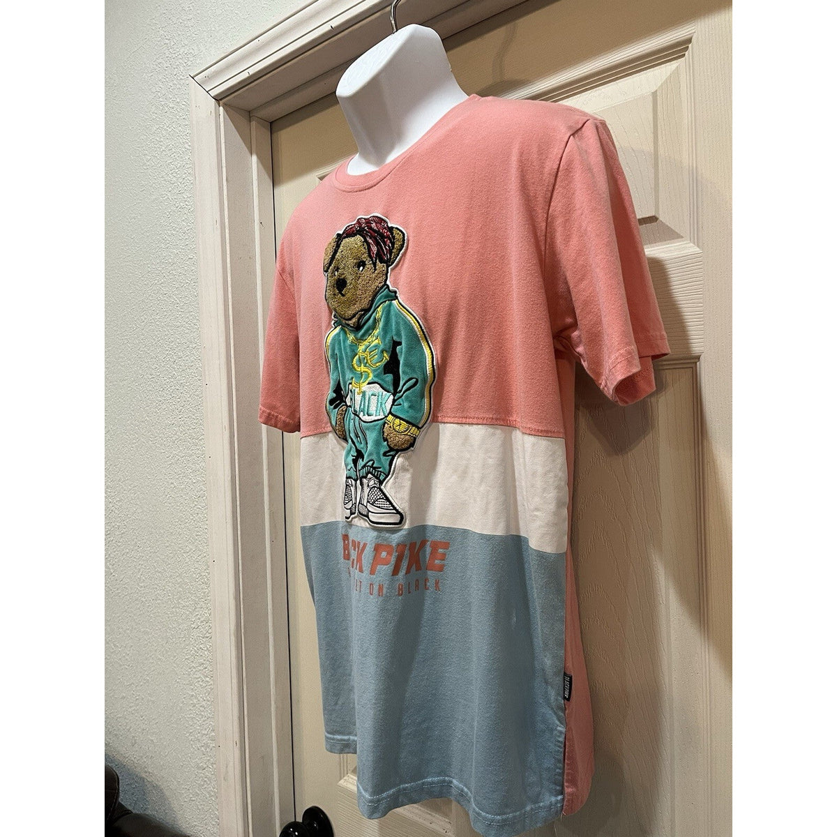 Black Pike Always Bet on Black Teddy Bear Gray Pink Color Block T-Shirt Men's L