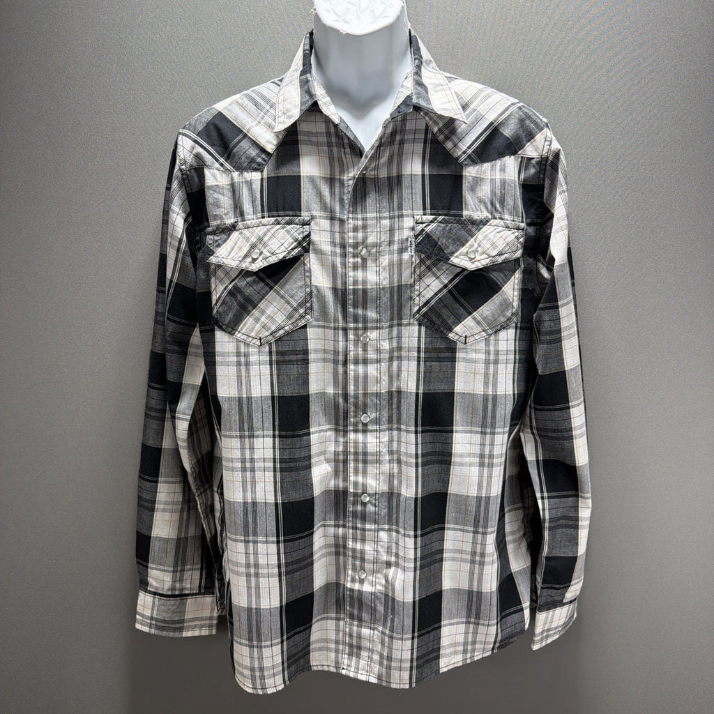 Levi's Men's Size Medium Modern Fit Pearl Snap Shirt Plaid Gray White Black