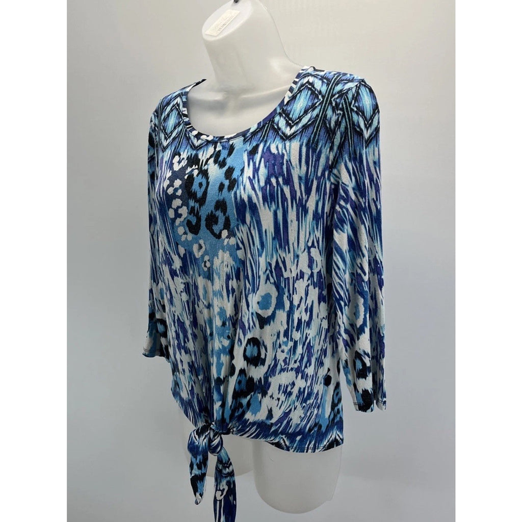 Chico's Blue White Mixed Print Tie Hem 3/4 Sleeve Knit Top - Size 0 S