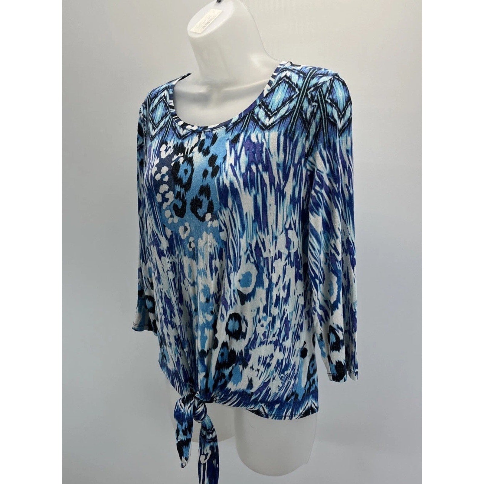 Chico's Blue White Mixed Print Tie Hem 3/4 Sleeve Knit Top - Size 0 S