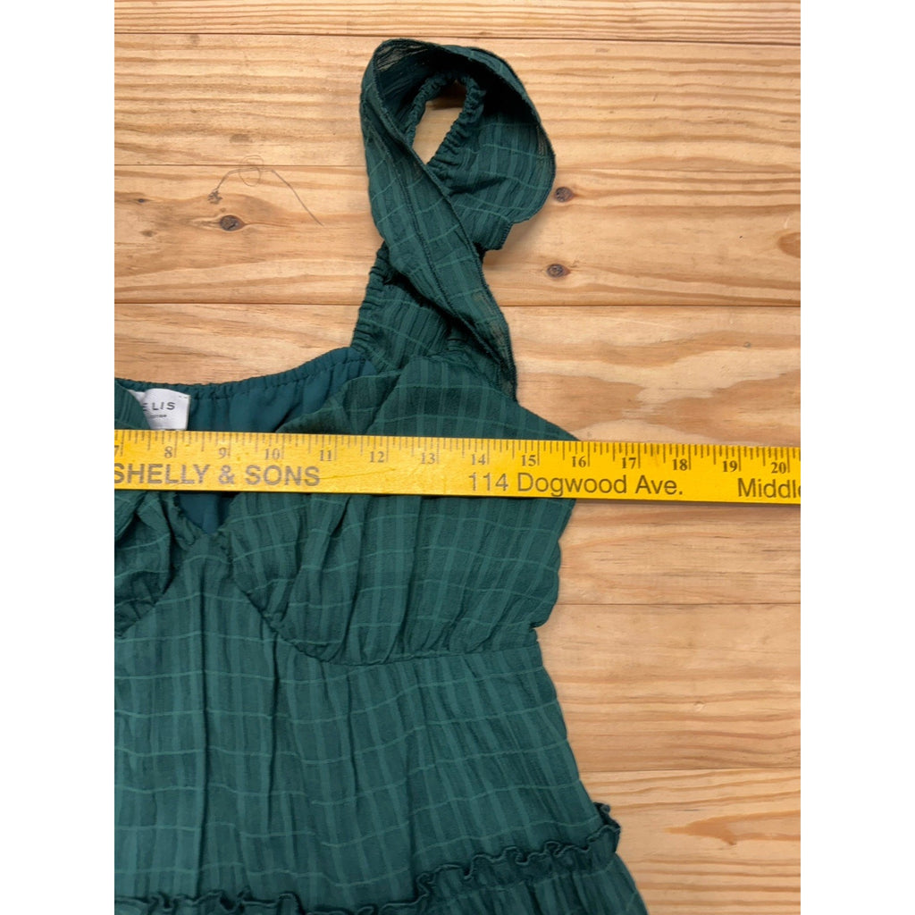LE LIS Maxi Ruched Dress Hunter Green Ruffled Straps Tiered Size S NWT