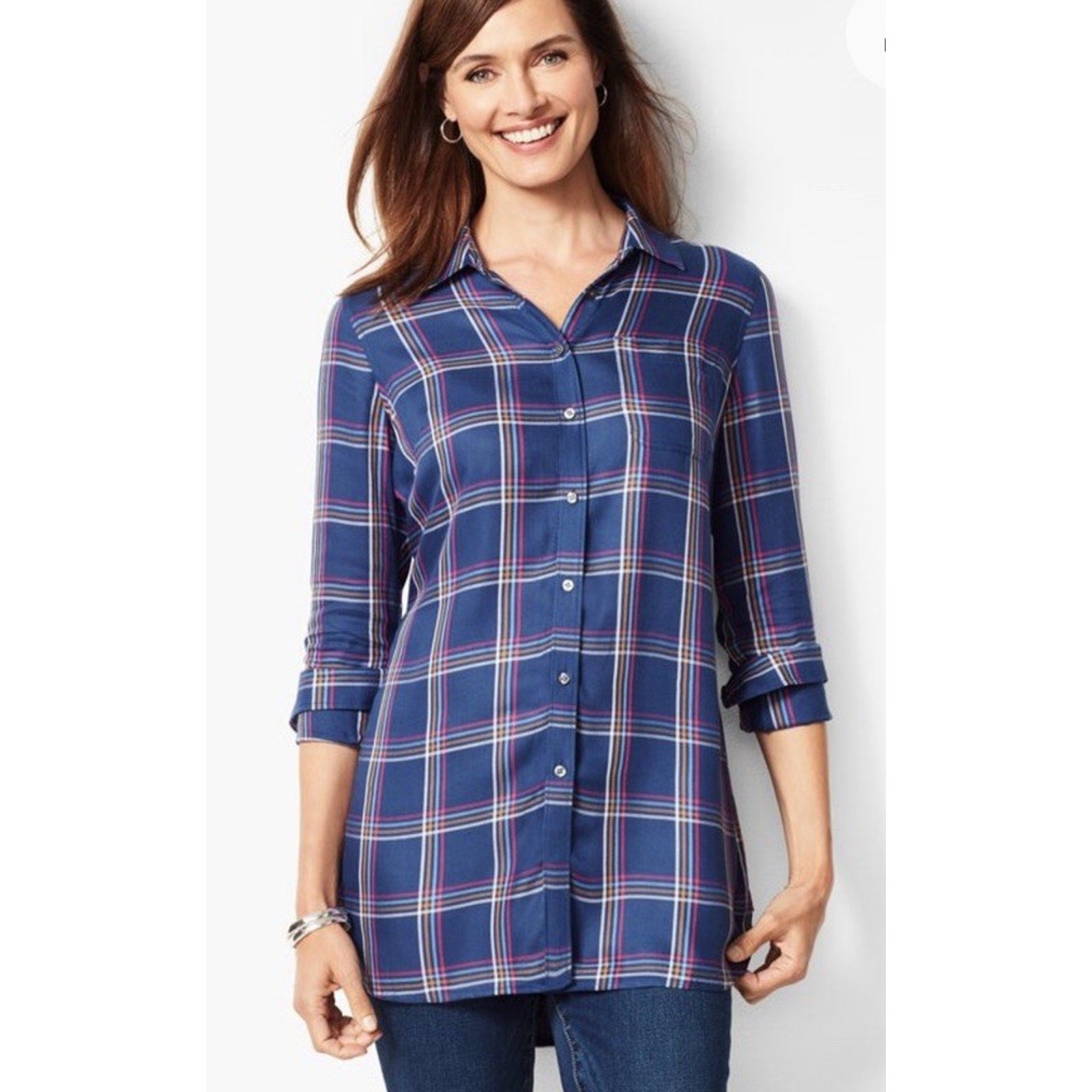 Talbots Buckingham Plaid Perfect Shirt Women's LS Longer Length Button-Down M