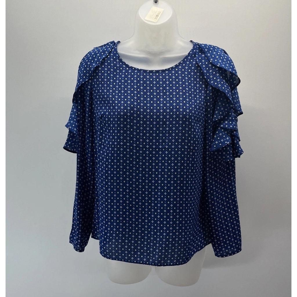 Banana Republic Blue Ruffle Long Sleeve Cold Shoulder shirt Top Blouse XS Petite