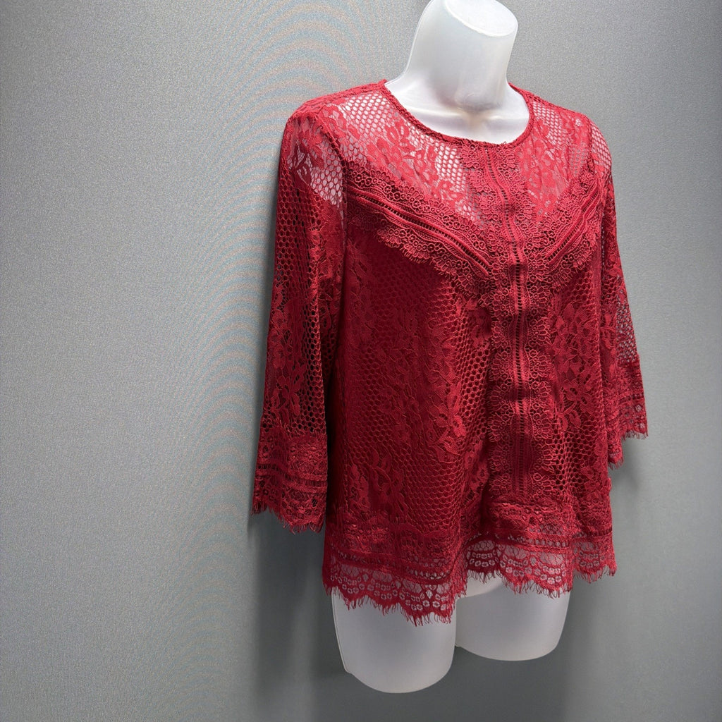 Laundry by Shelli Segal Lace Blouse Small Red 3/4 Bell Sleeve Eyelash Hem Top