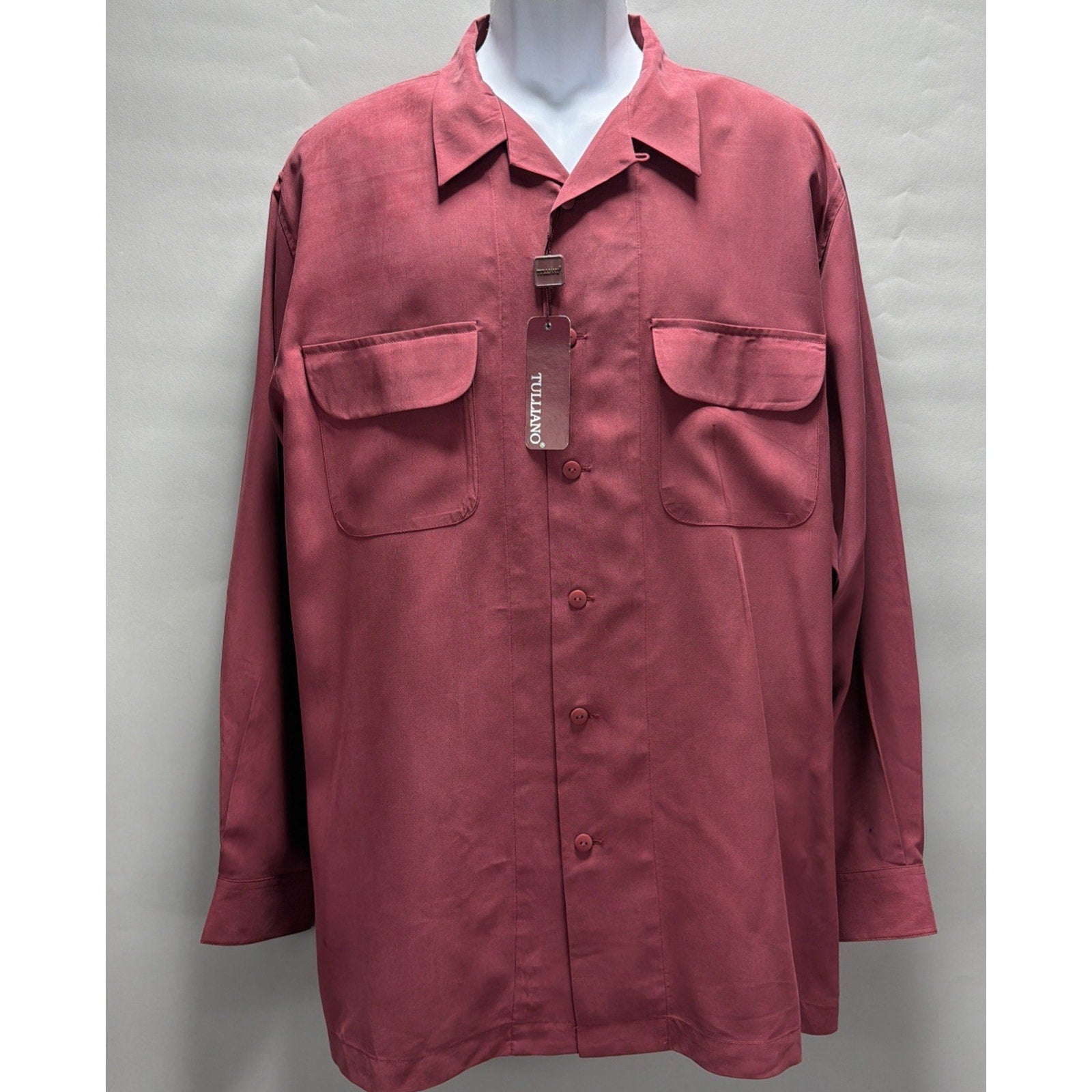Tulliano Luxury 100% Silk Shirt Mens L Wine Red Button Front Long Sleeve NWT