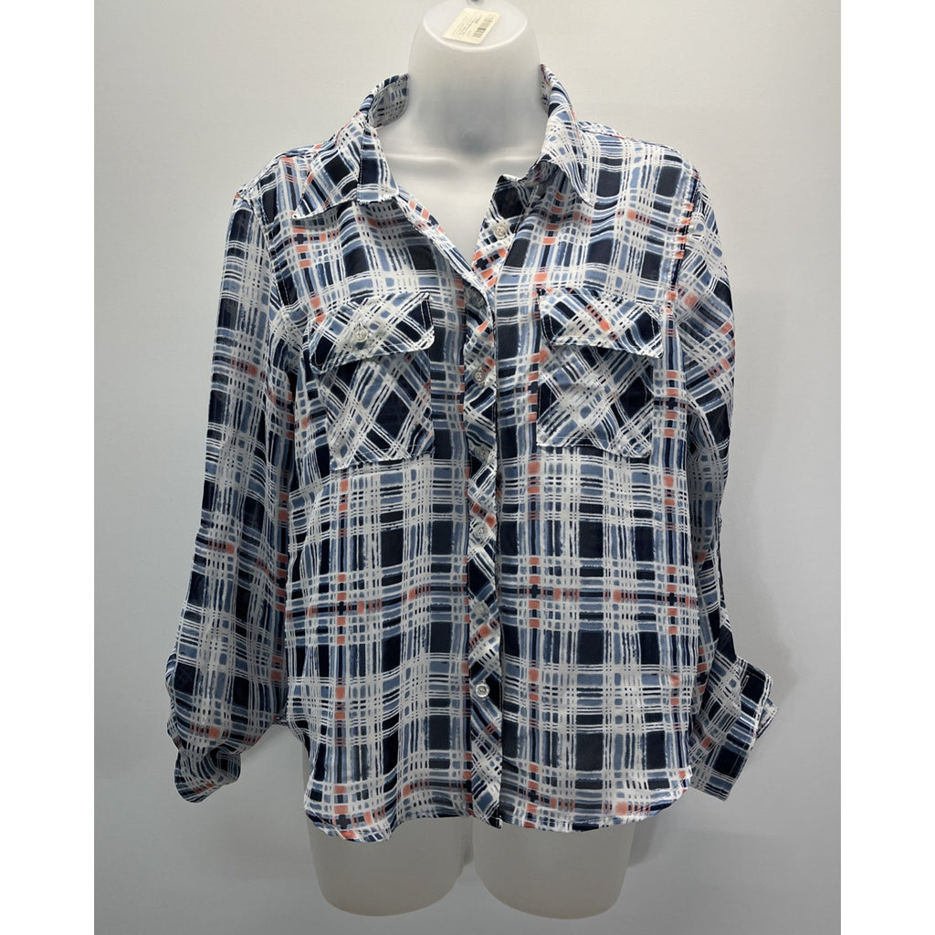 COTTON EXPRESS BLUE AND WHITE PLAID SHIRT ROLL TAB SLEEVES Button Back WOMENS L