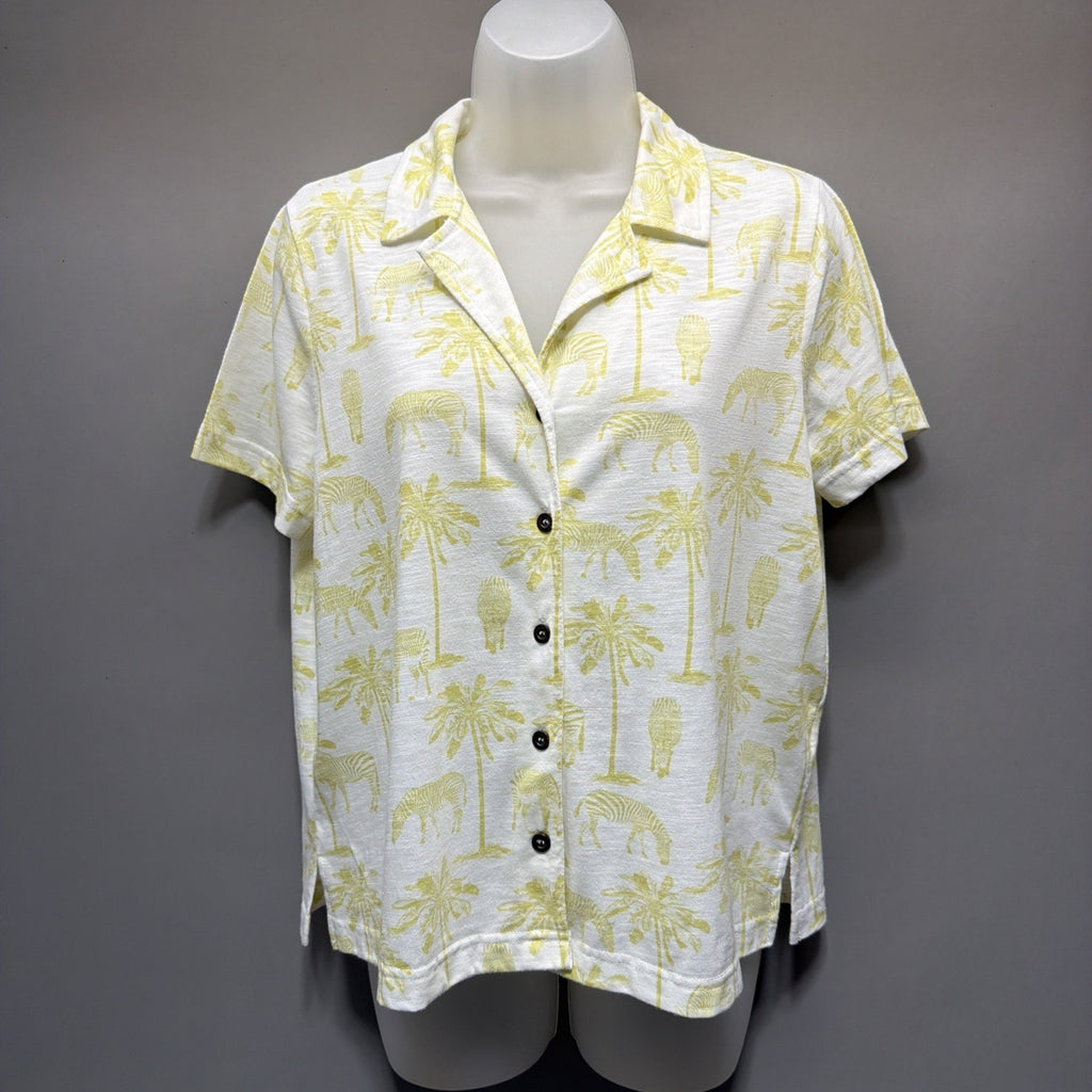 Jane + Delancey Zebra Palm Tree Short Sleeve Button Down Soft Cotton Blend Top S