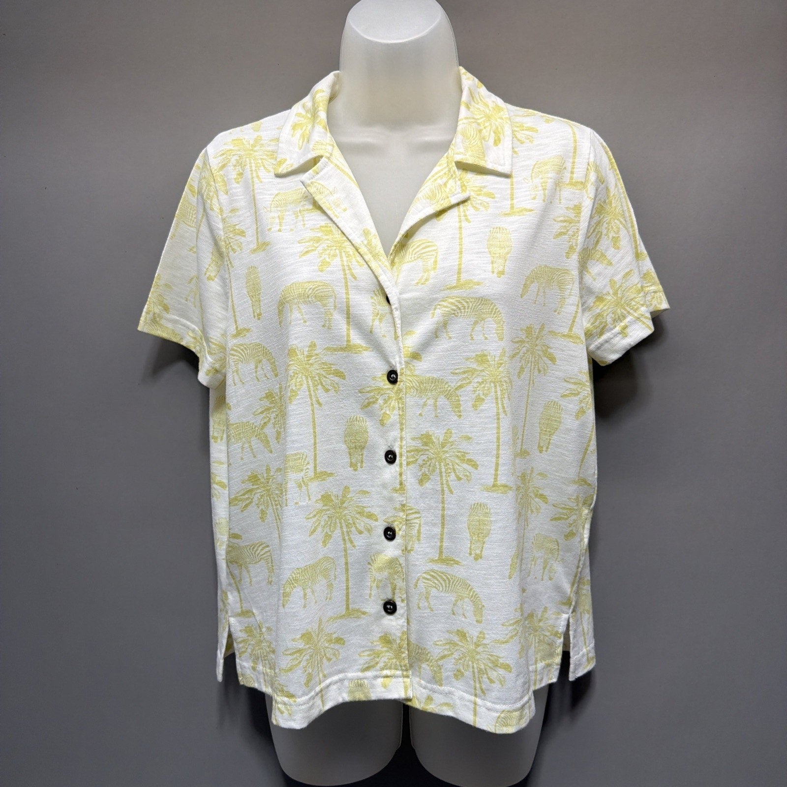 Jane + Delancey Zebra Palm Tree Short Sleeve Button Down Soft Cotton Blend Top S