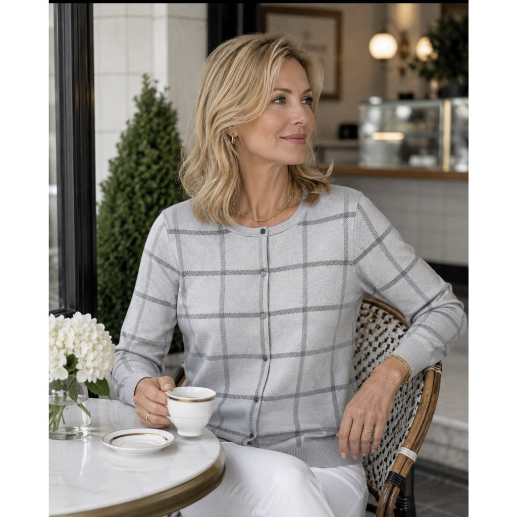Ann Taylor Factory Windowpane Cardigan Sweater XL Gray White Button Front NWT