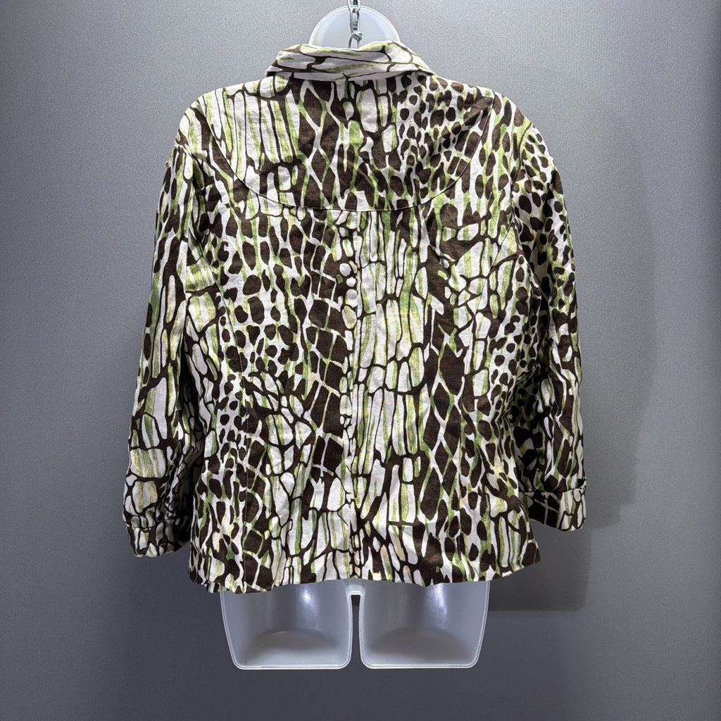 BOB MACKIE Animal Print 100% Linen Jacket Lined Button Tab Pockets Sz 16