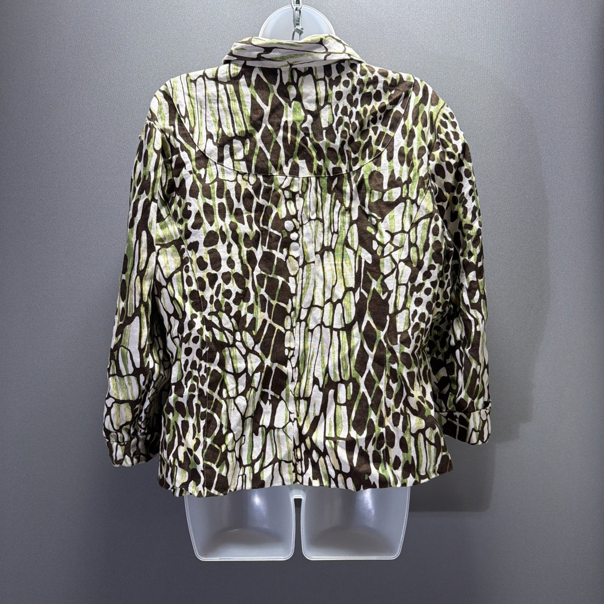 BOB MACKIE Animal Print 100% Linen Jacket Lined Button Tab Pockets Sz 16