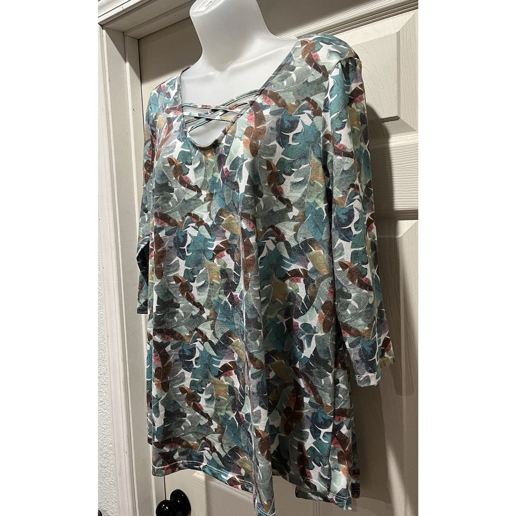 Simply Noelle Tunic Top Size Small Colorful Green Mauve V- Neck 3/4 Sleeve